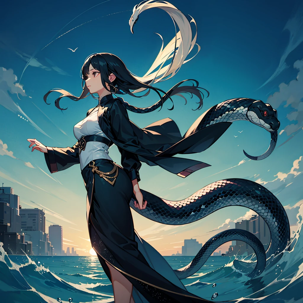 In front of a gorgeous decorative background、Beautiful floating curves。Her hair and(snake tail)Flying in the wind、The design incorporates natural themes。