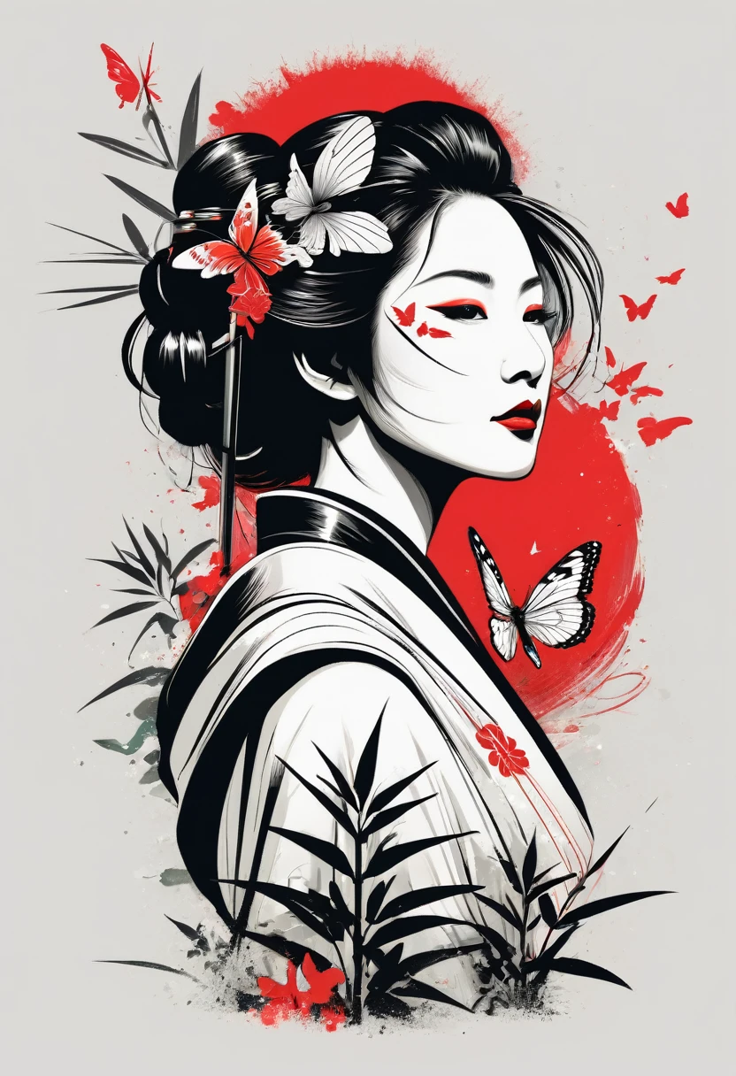 creative logo illustration black and white drawing of a geisha holding a sword surrounded by green bamboo and red butterflies, combined the black and white drawing with the vibrant digital colors featuring the word ( GEISHA )by dan mumford, jean pierre mong, alex janvier, frank frazetta, sketch, bold outlines, high definition, intricat details, vivid colors, negative space, tshirts design, typography, portrait photography, conceptual art, vibrant