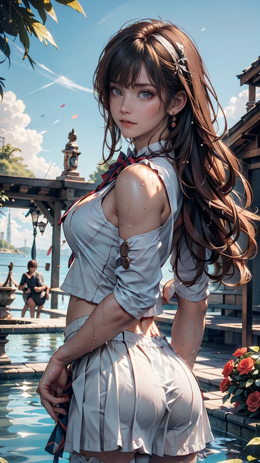 Browsing Caution,((masterpiece)),(((Highest quality))),((Very detailed)),((((Realistic)))),((Disheveled Hair)),((Frills)),(1 girl),(alone),Sex from behind, (((Ass Focus))),,lipstick,Dynamic Angle,Big Top Sleeves,floating,Beautiful detailed sky,Beautiful detailed water,Beautiful fine details,Exposure,(fist),Expressionless,Blunt Side Bangs,Hair between the eyes,ribbon,A bow tie,button,Shoulder Bare,(((Small breasts))),Detailed wet clothes,Blank face,Pleated skirt,Flowers  