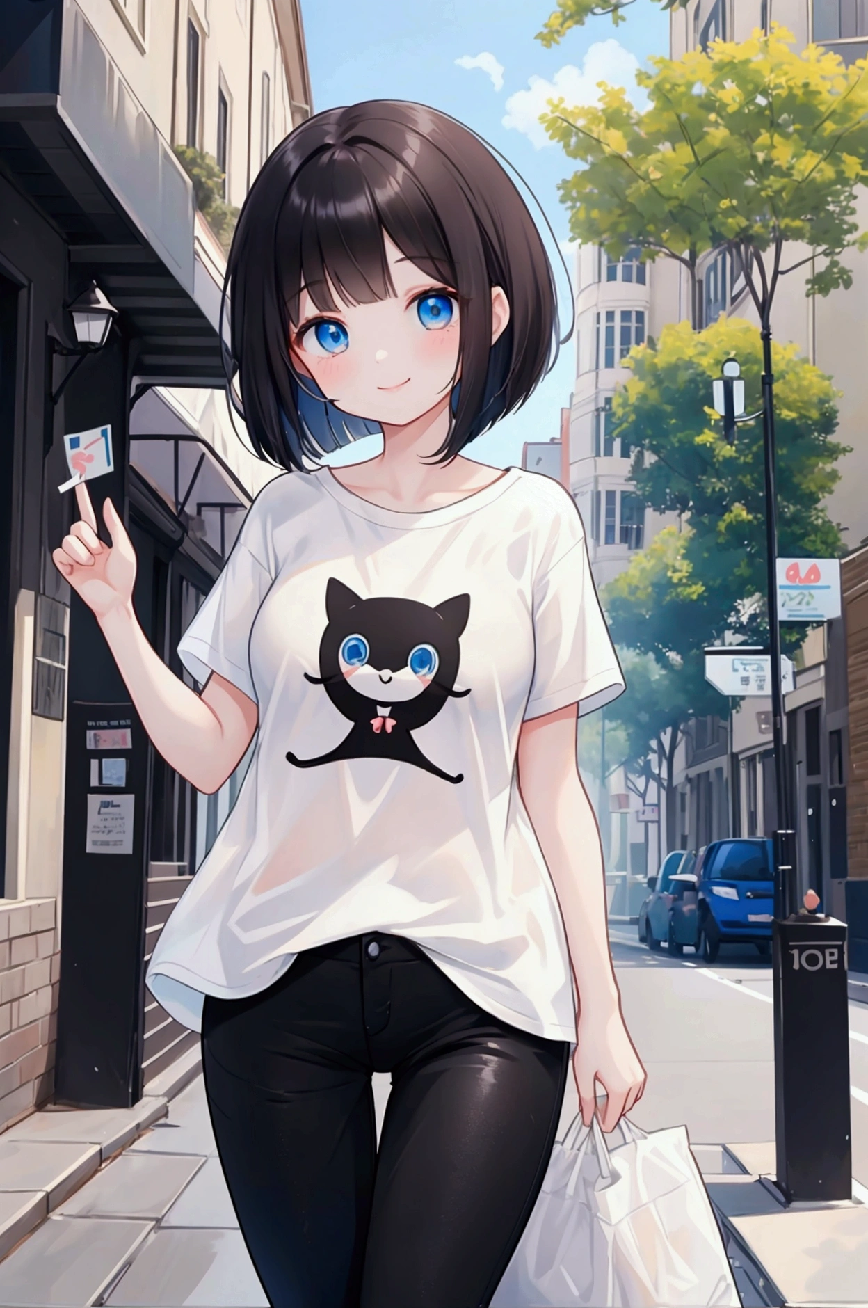 Highest quality、Highest Resolution、Highest quality、16K、One beautiful woman、Cute face、Delicate face、looks fun、smile、Bob cut hair、Dark Hair Color、Pale blue eyes、Beautiful breasts、Casual T-shirts、Black skinny pants、Clear skies、Town、