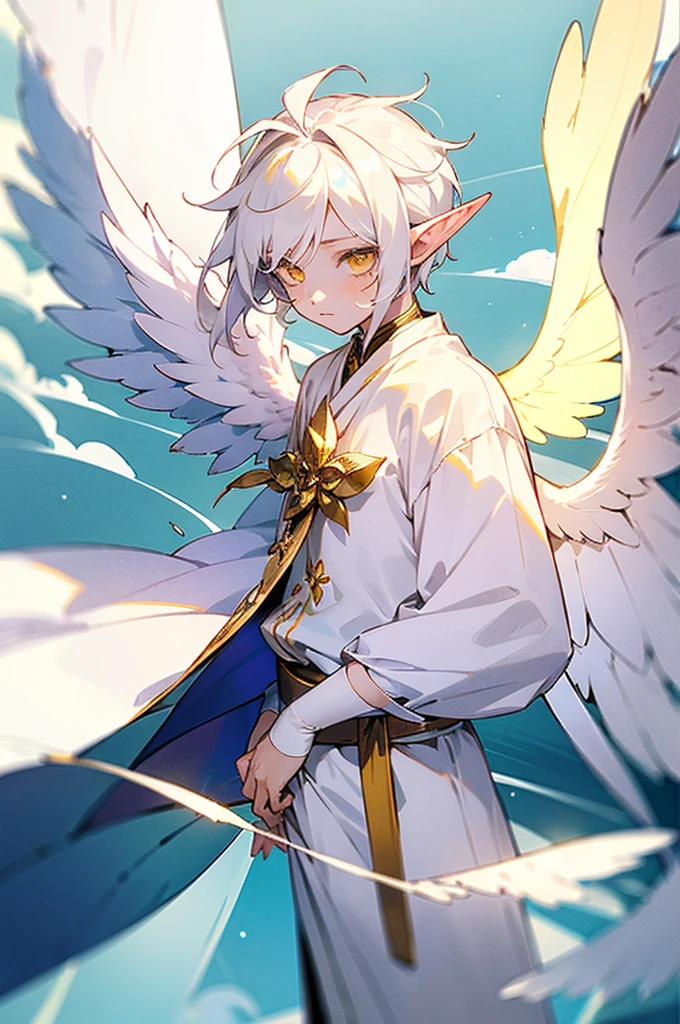 1 boy, Yellow eyes, white colored hair, Pastel colors, elf ears, nimbus, wings, white clothing, angel, young boy