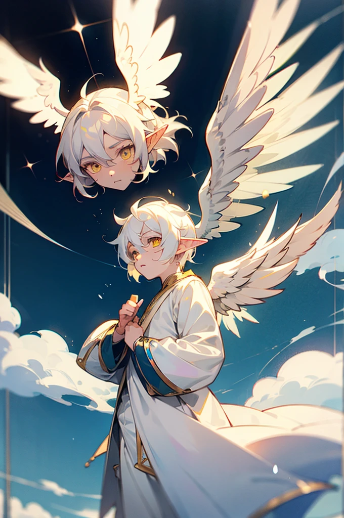 1 boy, Yellow eyes, white colored hair, Pastel colors, elf ears, nimbus, wings, white clothing, angel, young boy