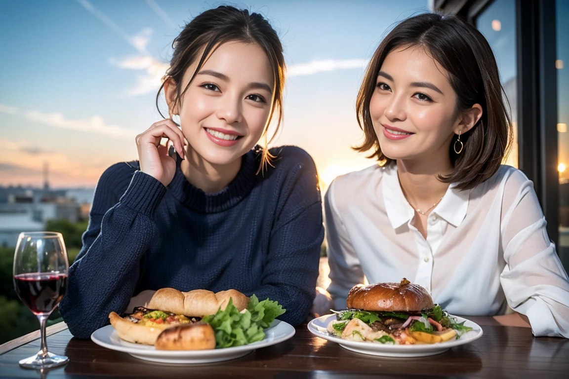 ((Highest quality、8k、masterpiece:1.3))、Slim couple、Model Couple、(Realistic, Intricate details:1.2), full-course dinner、wine 、Amazing view of the sunset sky and clouds、Bright smile、The beauty of a smile、Bright image、wineの美しさ, Beautiful Face, blue eyes, The light shines on your face, blush, short hair,Bright Face、 (45 years old), 48 years old, 赤wine 、Appetizers、Italian food、wine bottle、Champagne、スパークリングwine、Two beauties、Brown Hair、Shortcuts、Long sleeve shirt、dress、Two beautiful women