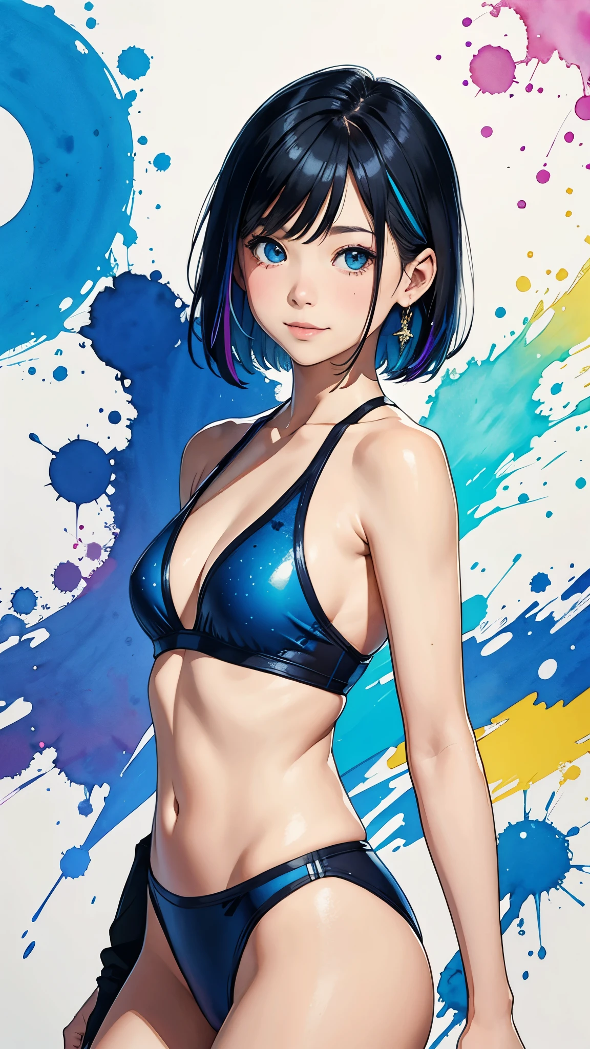 Splatter backgrounds and spray paint effects by Adam Hughes、Blue competitive swimsuit、Center of upper body、Multi-coloured hair、Close ~ eyes、Big happy smile、watercolor画、watercolor、watercolorスタイル、watercolorの詳細なアート、watercolorデジタル画、watercolor絵の具、非常に詳細なwatercolor画、watercolor、Japanese women、18-year-old、Bobcut、Gold medal hanging from one&#39;s neck、Dynamic pose。