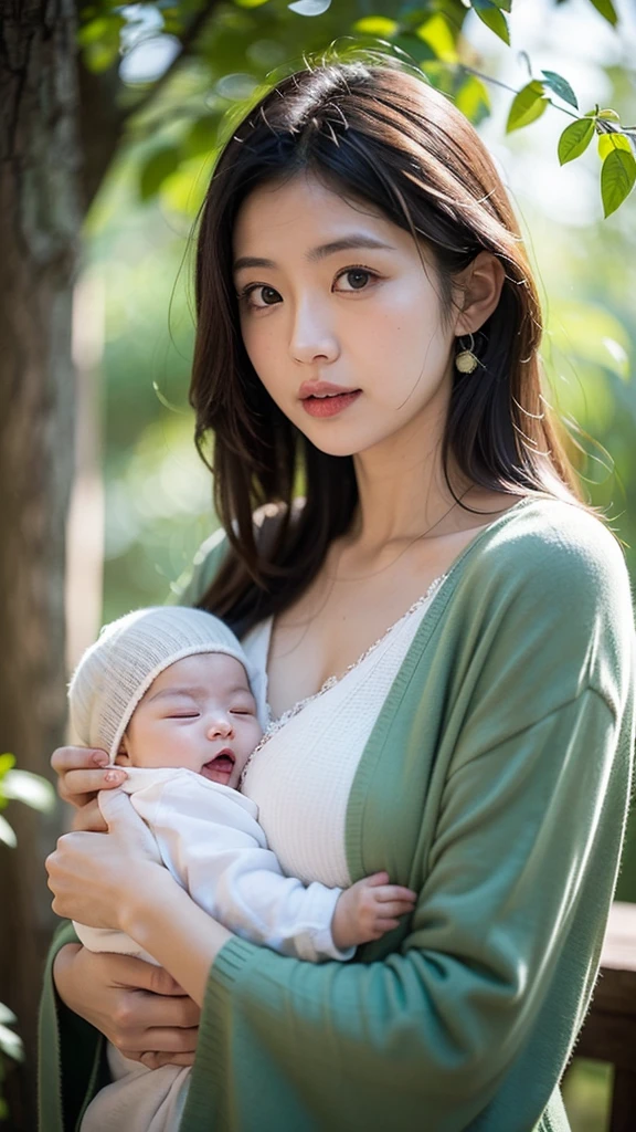 studio photo portrait that encapsulates the essence of motherhood with a japanese woman in her thirties tenderly cradling her two-month-old . The scene is set against an fairy themed backdrop, adorned with mystical green colors evoking the feeling of coziness and familial love. capture the intricate details in the highest resolution possible (8K), ensuring every aspect of the serene moment is vividly portrayed, mother looking at camera