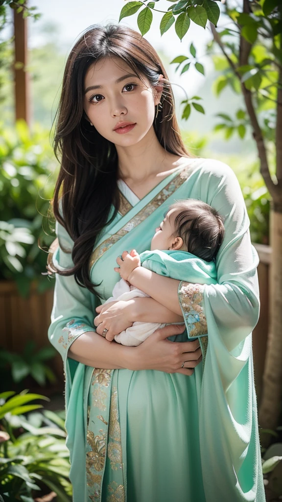 studio photo portrait that encapsulates the essence of motherhood with a japanese woman in her thirties tenderly cradling her two-month-old . The scene is set against an fairy themed backdrop, adorned with mystical green colors evoking the feeling of coziness and familial love. capture the intricate details in the highest resolution possible (8K), ensuring every aspect of the serene moment is vividly portrayed, mother looking at camera