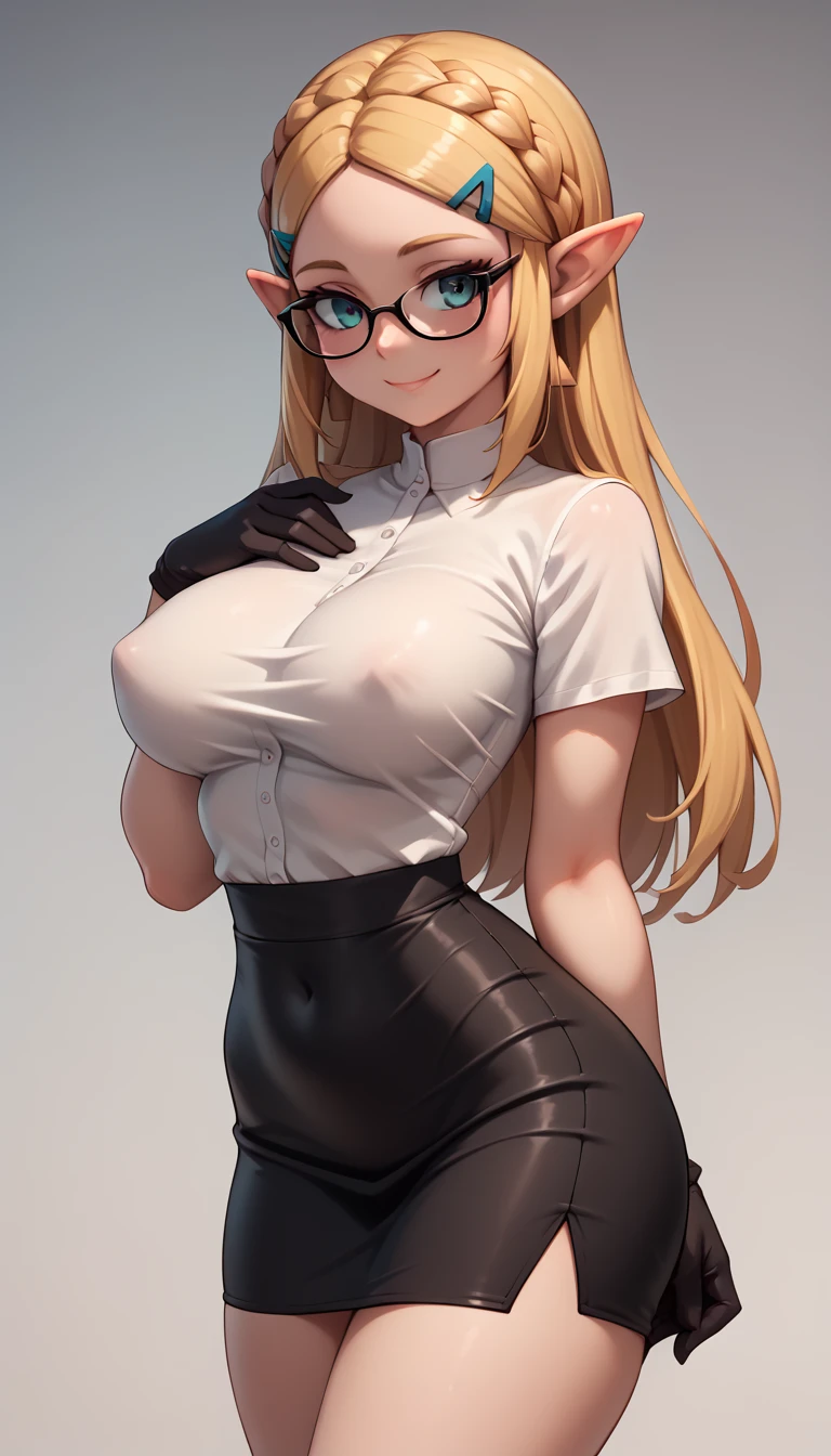 High resolution, Very detailed, perfect lighting, beautiful detailed eyes,   ((masterpiece,Best Quality)), absurdities, alone,     princess zelda, by the width, crown braid, Hair clip, pointy ears, tight white shirt, Gloves without fingers, black gloves,  short tight black skirt, smile, curves, nod,   ,  deep neckline, deep neckline, NSFW, visible nipples, visible nipples , touching his chest in a sexy way, touching his chest in a sexy way, sexy secretary dress, sexy secretary dress, Primer plano frontal, glasses