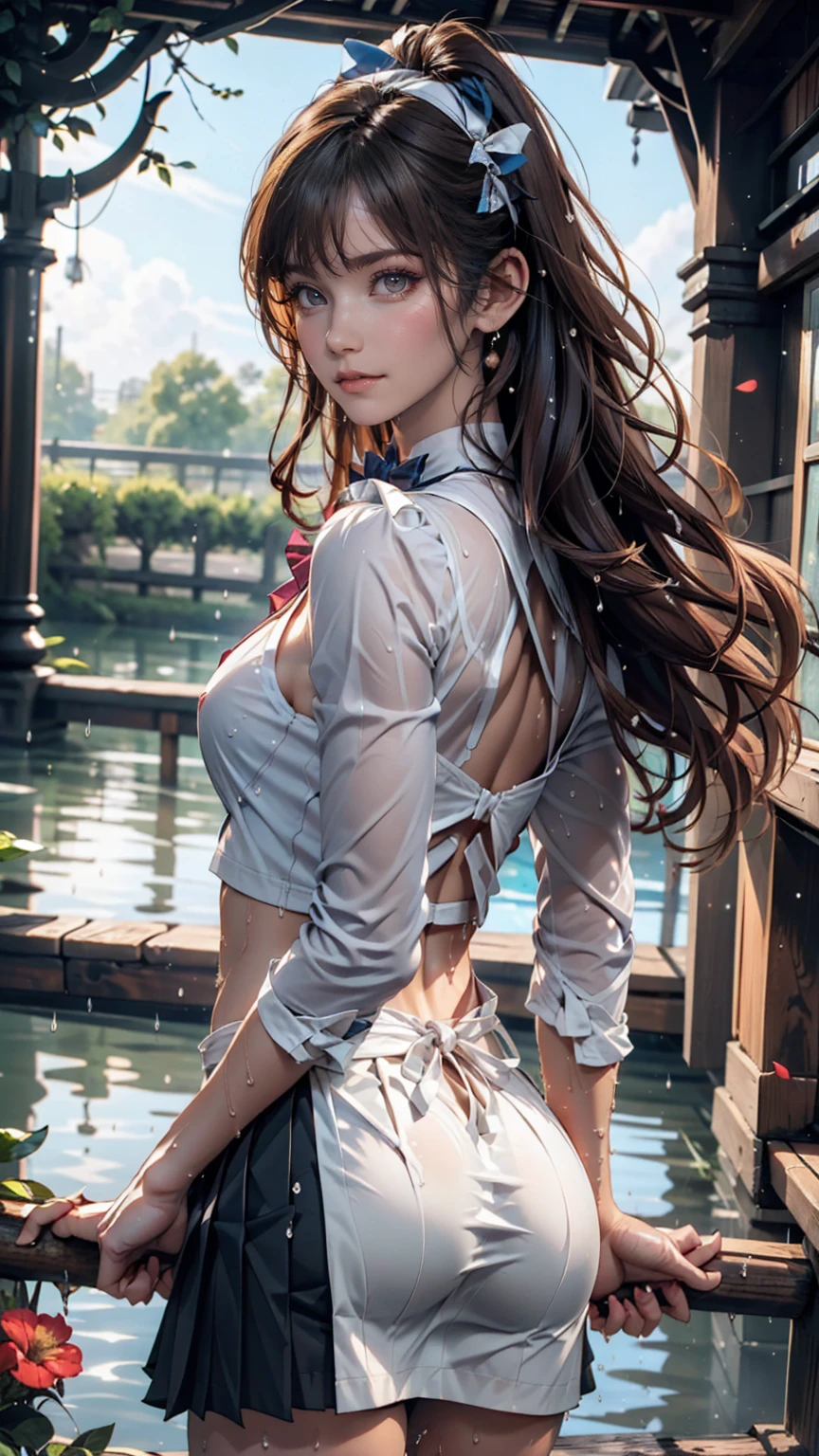 Browsing Caution,((masterpiece)),(((Highest quality))),((Very detailed)),((((Realistic)))),((Disheveled Hair)),((Frills)),(1 girl),(alone),Sex from behind, (((Ass Focus))),,lipstick,Dynamic Angle,Big Top Sleeves,floating,Beautiful detailed sky,Beautiful detailed water,Beautiful fine details,Exposure,(fist),Expressionless,Blunt Side Bangs,Hair between the eyes,ribbon,A bow tie,button,Shoulder Bare,(((Small breasts))),Detailed wet clothes,Blank face,Pleated skirt,Flowers