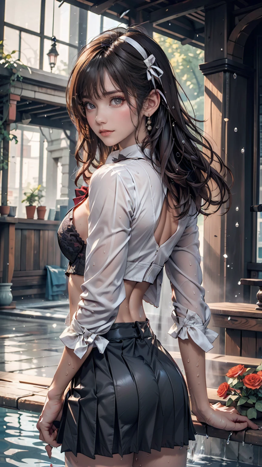 Browsing Caution,((masterpiece)),(((Highest quality))),((Very detailed)),((((Realistic)))),((Disheveled Hair)),((Frills)),(1 girl),(alone),Sex from behind, (((Ass Focus))),,lipstick,Dynamic Angle,Big Top Sleeves,floating,Beautiful detailed sky,Beautiful detailed water,Beautiful fine details,Exposure,(fist),Expressionless,Blunt Side Bangs,Hair between the eyes,ribbon,A bow tie,button,Shoulder Bare,(((Small breasts))),Detailed wet clothes,Blank face,Pleated skirt,Flowers