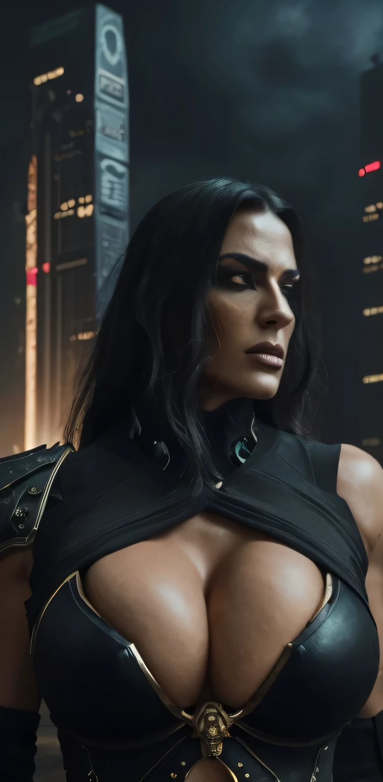 A beautiful, powerful cyberpunk dystopian warrior woman with expressive eyes, a perfect face, and highly detailed features, massive perfect breast, ((deep cleavage)), ((magical fantasy background)),muscular body,wearing a dark, dramatic fantasy-inspired outfit with black and gold accents, deep cleavage, and a massive bust, set against a dramatic, gloomy foggy night,