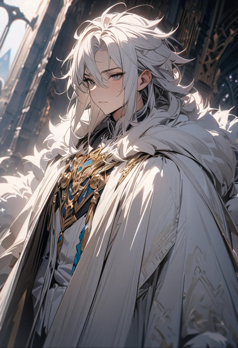 masterpiece, 8k, best quality, highly detailed, a human male wearing a brown and white fluffy cloak with mystical runes over it