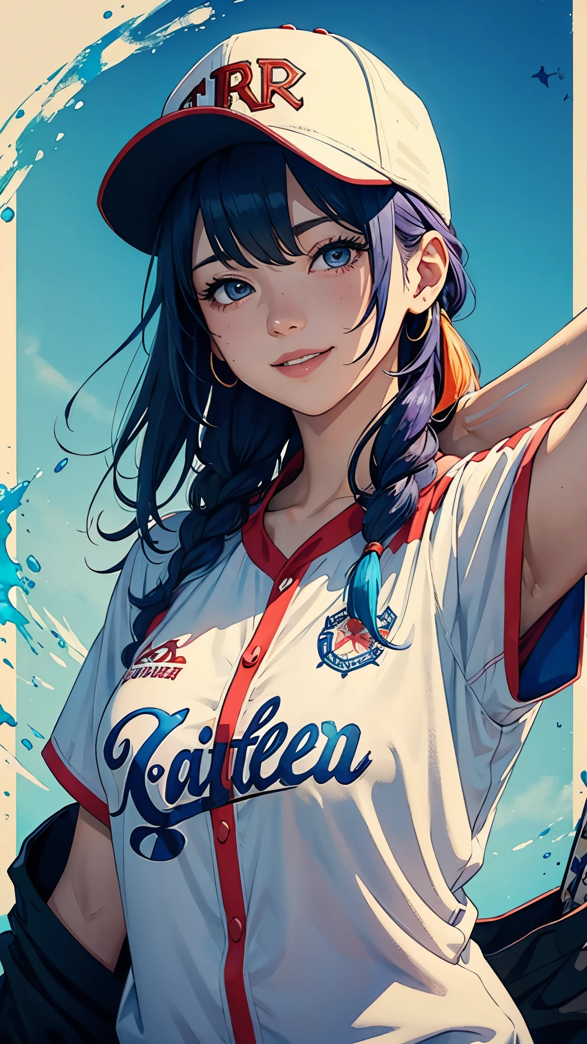 Splatter backgrounds and spray paint effects by Adam Hughes、Baseball uniform、Baseball cap、Center of upper body、Multi-coloured hair、Close ~ eyes、Big happy smile、watercolor画、watercolor、watercolorスタイル、watercolorの詳細なアート、watercolorデジタル画、watercolor絵の具、非常に詳細なwatercolor画、watercolor、Japanese women、18-year-old、Shortcuts、Gold medal hanging from one's neck、Dynamic pose。