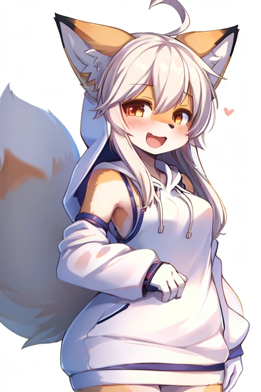 best quality, kemono, anime, female, furry, anthro, full body, solo, :d, ^_^, ahoge, animal_ear_fluff, animal_ears, bangs, bare_shoulders, blush, closed_eyes, detached_sleeves, fox_ears, fox_girl, fox_tail, gloves, hair_between_eyes, hood, hoodie, long_hair, open_mouth, simple_background, smile, solo, swaying, tail, upper_body, virtual_youtuber, white_background, white_hair, white_hoodie, white_sleeves