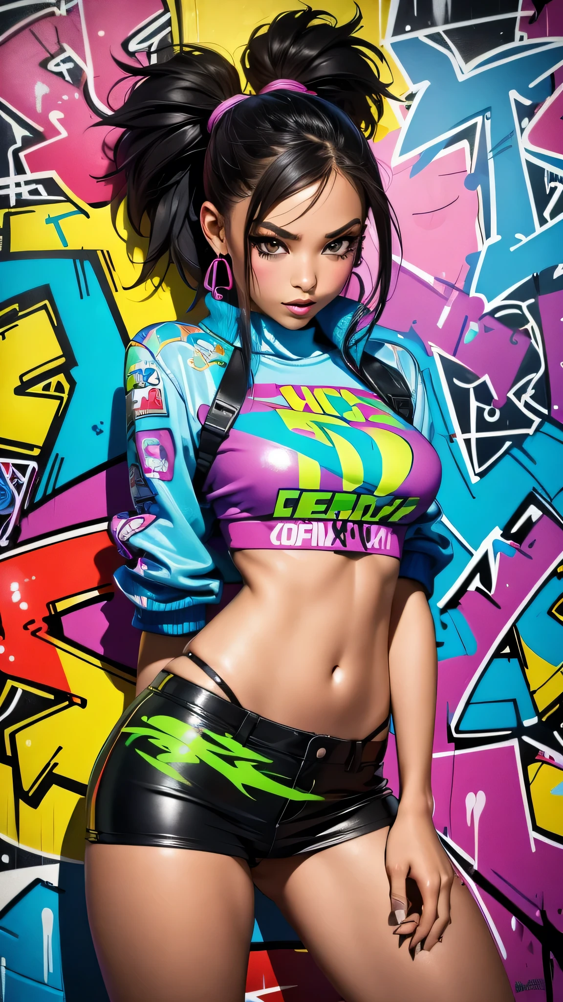(best qualityer), (high détail), (bright coloured), (graffiti style), (Freestyle), (close up), (1 girl), young female sexy graffiti artist, spraying graffiti on a wall painted with street art, HDR, 8k, 3d, graffiti art style.