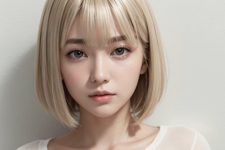 Top quality, realistic atmosphere like a photo, bright natural light shining softly into the white wall background, Close Up, 1 beautiful Japanese female hair salon model in her 20s wearing a white T-shirt, airy and fluffy bob, platinum beige hair, blunt bangs, beautiful skin, clear eyes, a slight baby face, and a slight distance between her eyes and eyebrows for an ennui look.