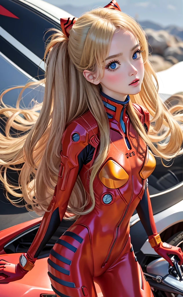 Realistic、picture、high resolution、solo、Perfectly detailed face、Detailed blue eyes、Very detailed、blush、hair ornamentahogany Hair Chignon、(Blonde)、Plug Suit 02,Shikinami Asuka Langley、Slender and beautiful legs、 Young Face、Cute eyes、Full Body Suit、Torn Suit、My heart flutters、Exposing breasts、Hakone Background