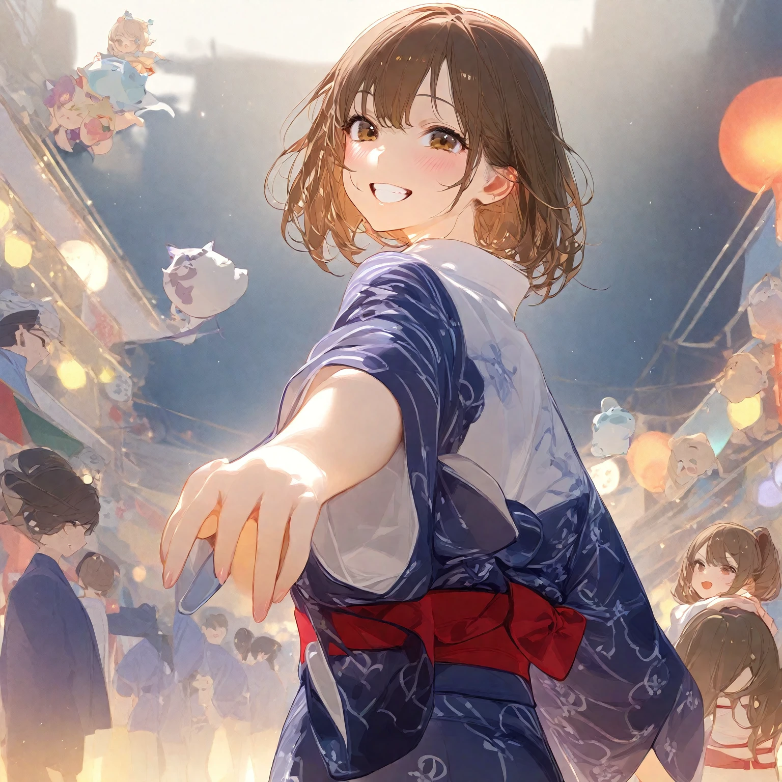 score_9, score_8_up, score_7_up, score_6_up, score_5_up, score_4_up, masterpiece, best quality BREAK 1girl、yukata、Brown Hair、Red belt、Holding out a hand, smiling, BREAK, summer festival、night