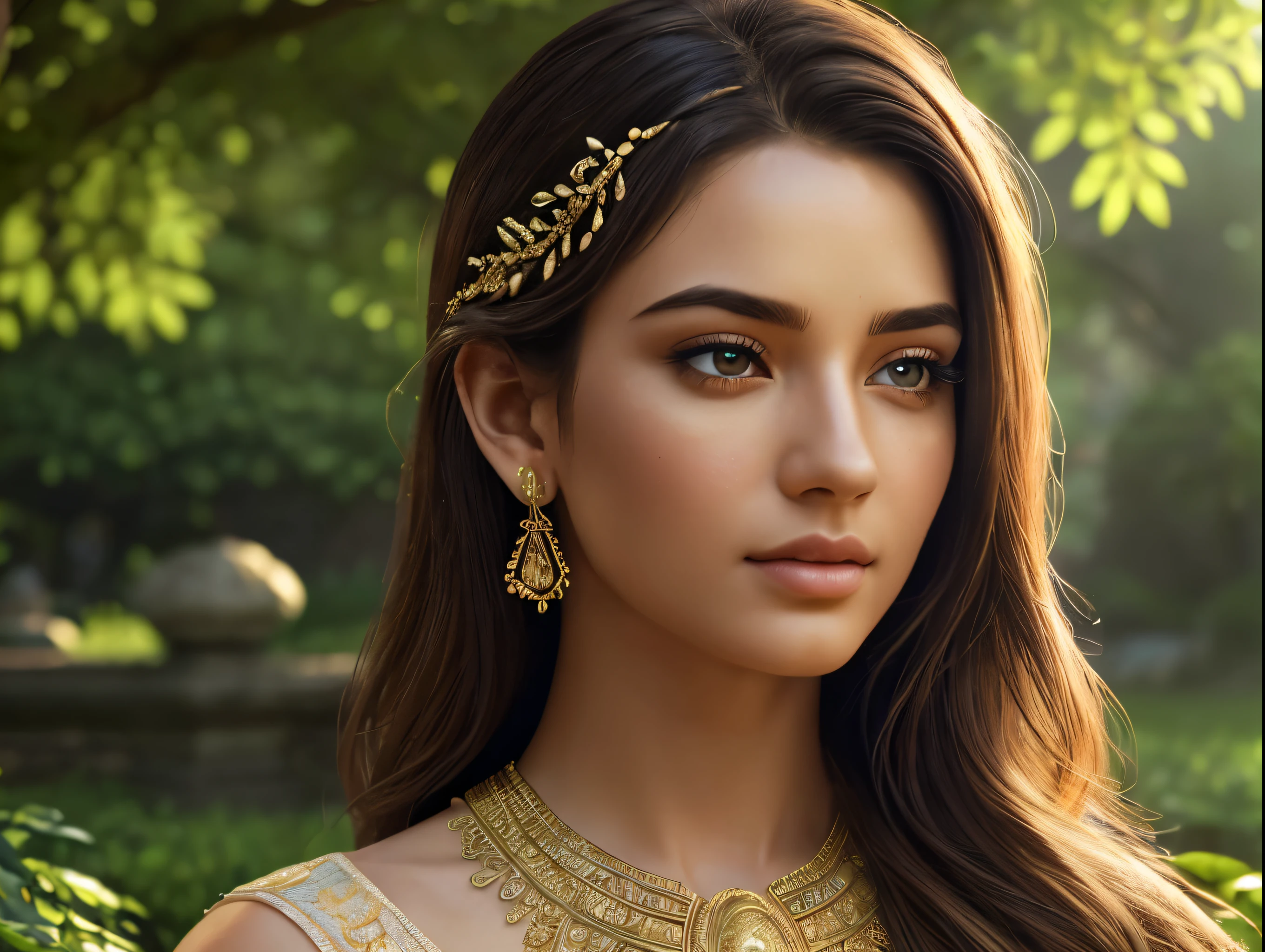 a serene and sacred garden, lush greenery, ancient stone statues, sunlight filtering through the leaves, a sense of tranquility and spiritual harmony, beautiful detailed eyes, beautiful detailed lips, extremely detailed face and portrait, long eyelashes, intricate ornate dress, dramatic pose, cinematic lighting, vibrant colors, detailed texture, (best quality,4k,8k,highres,masterpiece:1.2),ultra-detailed,(realistic,photorealistic,photo-realistic:1.37),cinematic,digital painting