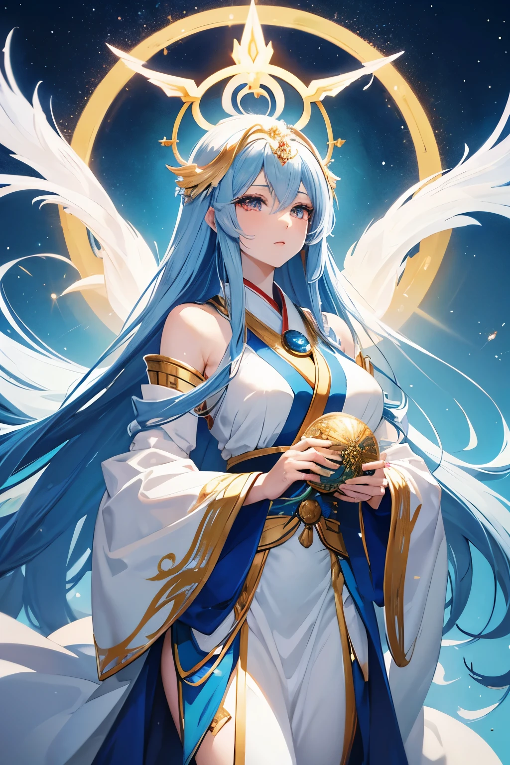 Anime woman, looks like a celestial being, majestic in appearance, having long blue hair, wears white robes with golden ornaments, similar to the goddess Amaterasu she is beautiful and majestic, beautiful and beautiful woman, divine beauty