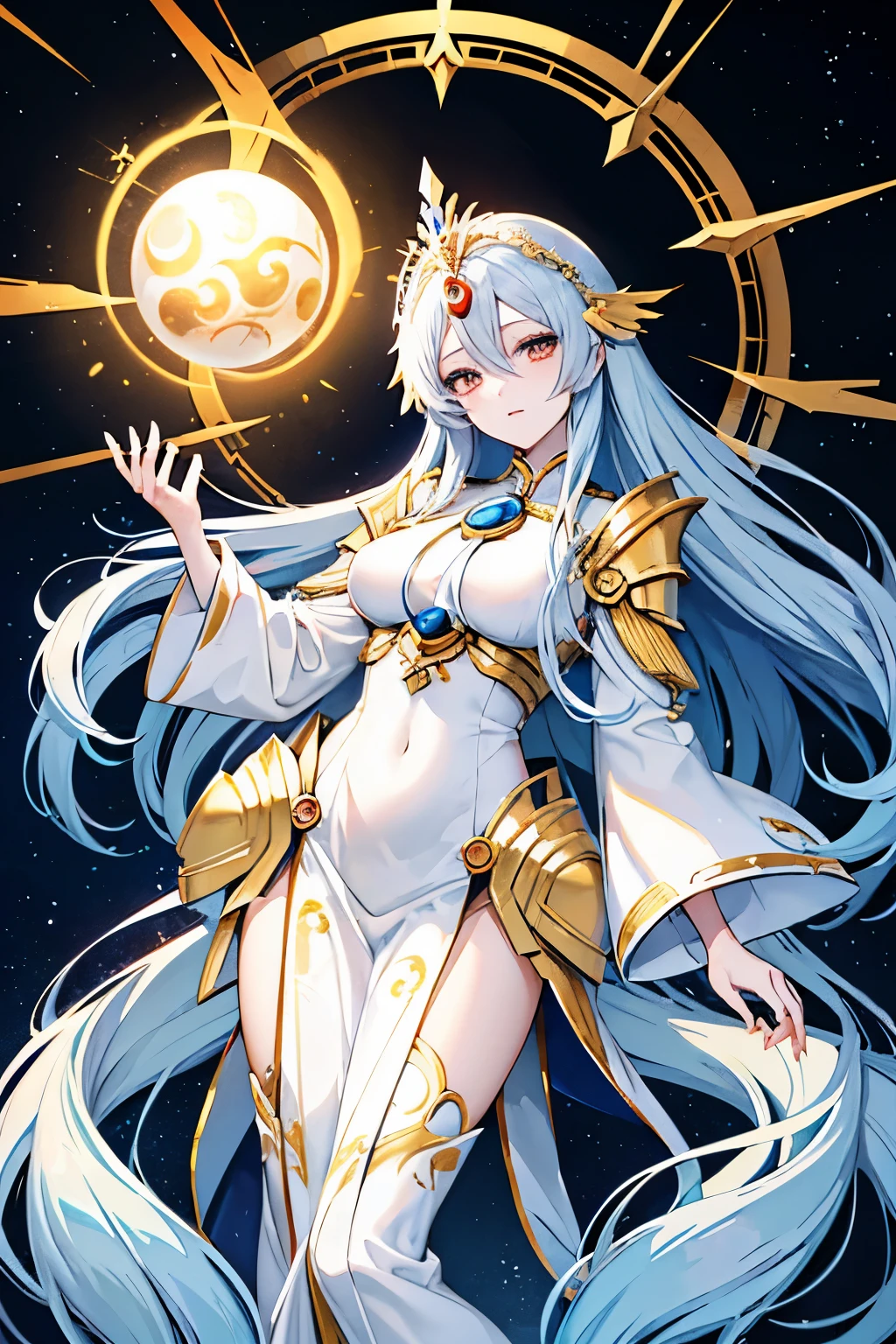 Anime woman, looks like a celestial being, majestic in appearance, having long blue hair, wears white robes with golden ornaments, similar to the goddess Amaterasu she is beautiful and majestic, beautiful and beautiful woman, divine beauty