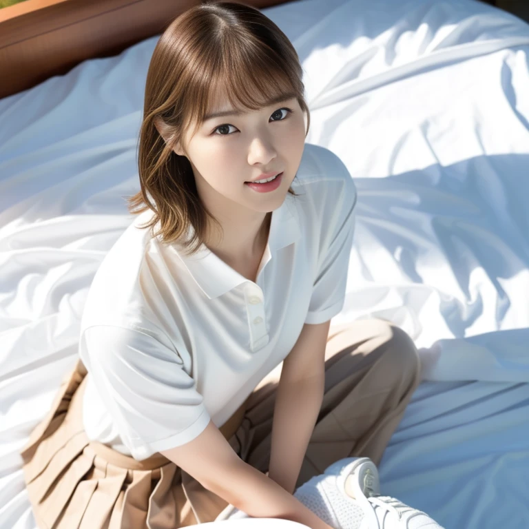 (Masterpiece, Best quality: 1.4), (Ultra realistic, Photo-realistic: 1.2), (From above: 1.3), Full body, kneeling, Looking at viewer, Natural light, 30 years old actress, Japanese women, Neat and clean, ((Wearing white tennis uniform, White polo shirt with collar, Not buttoning the polo shirt, White pleated tennis skirt: 1.2)), (Short wavy hair), ponytail, Light brown hair color, (Beautiful Face), Oval face, clear, (Beautiful eyes, Kind eyes), (Clear skin), Small face, (Small mouth, Beautiful mouth), Natural makeup, Approachable, Hotel Suite rooms, Lying On bed, Seductive smile, Seductive pose, Wearing white tennis shoes, White ankle socks, Beautiful thighs, Bedroom eyes,
