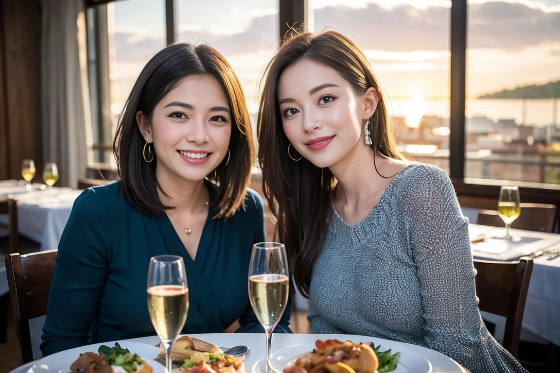 ((Highest quality、8k、masterpiece:1.3))、Slim Couple、Model Couple、(Realistic, Intricate details:1.2), full-course dinner、wine 、Amazing view of the sunset sky and clouds、A bright smile、The wonderfulness of smiles、Bright image、wineの美しさ, Beautiful Face, blue eyes, The light shines on your face, blush, short hair,Bright Face、 (Age 45), 38 years old, 赤wine 、Appetizers、Italian food、wine bottle、Champagne、スパークリングwine、Two beauties、Brown Hair、Shortcuts、Long sleeve shirt、dress、Two beautiful women