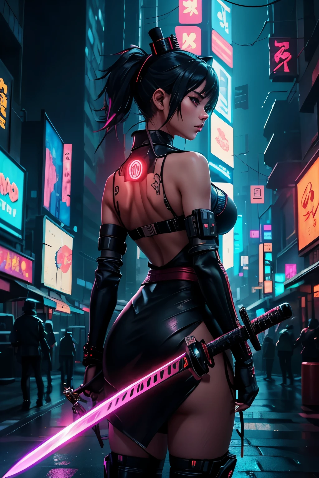a detailed silhouette cyberpunk samurai girl in night city,detailed katana sword,cone hat,backview,high resolution,photorealistic,detailed cyberpunk cityscape background,neon lights,vibrant colors,dramatic lighting,intricate details,masterpiece,cinematic,stunning