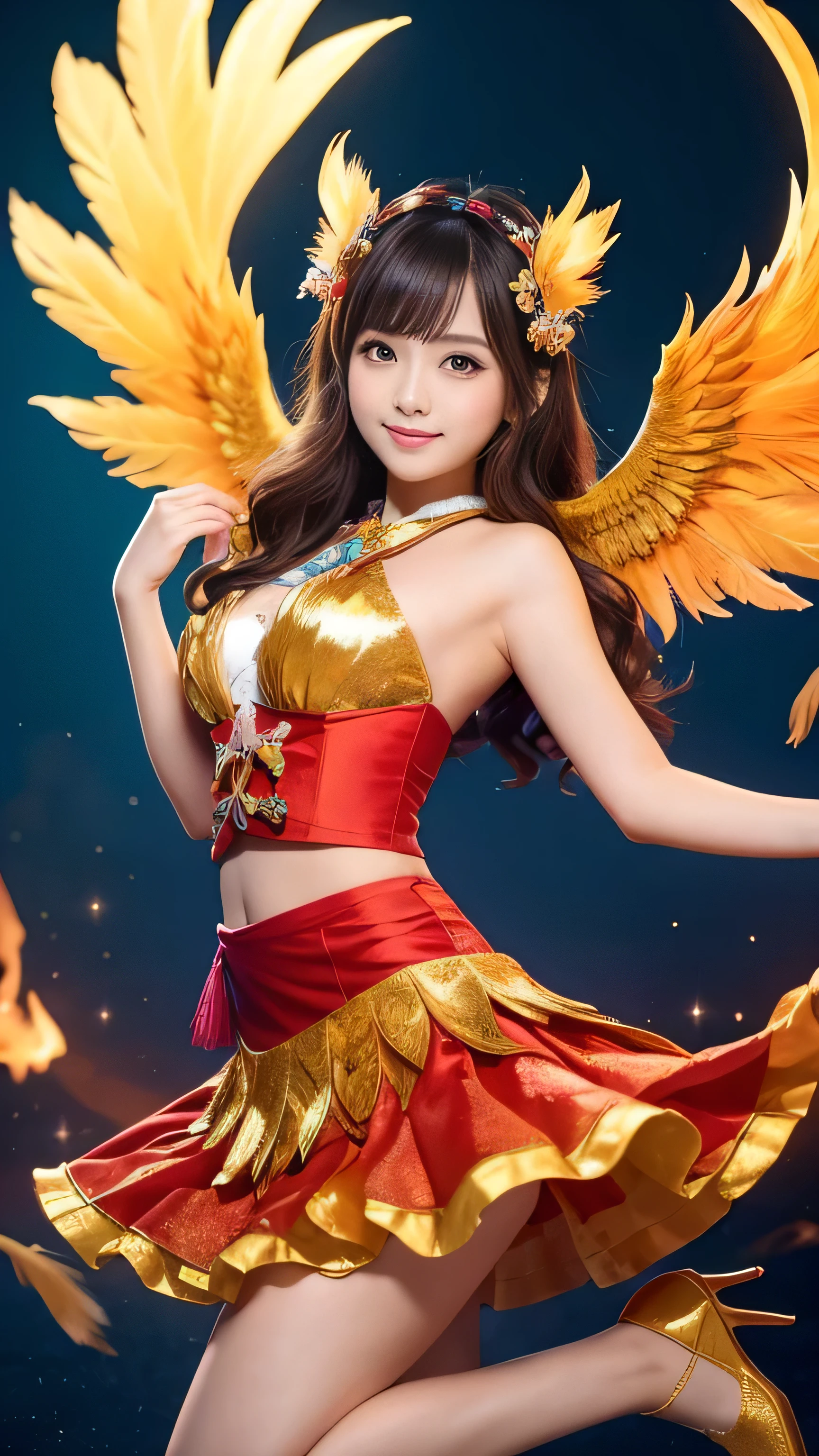 Create an ultra-cute and enchanting depiction of a Phoenix transformed into an irresistibly adorable moe character, modeled as a Japanese woman. **Overall Appearance:** She stands at an average height with a slender yet curvy figure, exuding a blend of youthful charm and grace. **Wings:** Her large wings are adorned with vibrant, fluffy feathers in hues of red, orange, and gold, with occasional shimmering hints of purple and blue. The feathers glow softly, adding to her adorable presence. **Head:** Her eyes are large and sparkling, with a captivating golden hue that radiates warmth and kindness. Her hair flows like molten gold, cascading down her back in soft, wavy locks, adorned with cute, star-shaped accessories. **Body:** Her skin is smooth and radiant, with a warm, golden undertone that glows softly. She wears a cute, flame-themed outfit that combines traditional Japanese elements with modern fashion. Her dress is a blend of pastel colors with flame patterns, decorated with bows and frills. **Tail:** Her long, elegant tail is made of soft, fiery feathers that flicker and dance with every movement. **Legs:** Her legs are slender and graceful, adorned with flame-themed stockings and cute, matching shoes. The focus should be on her front, emphasizing her adorable and enchanting presence.