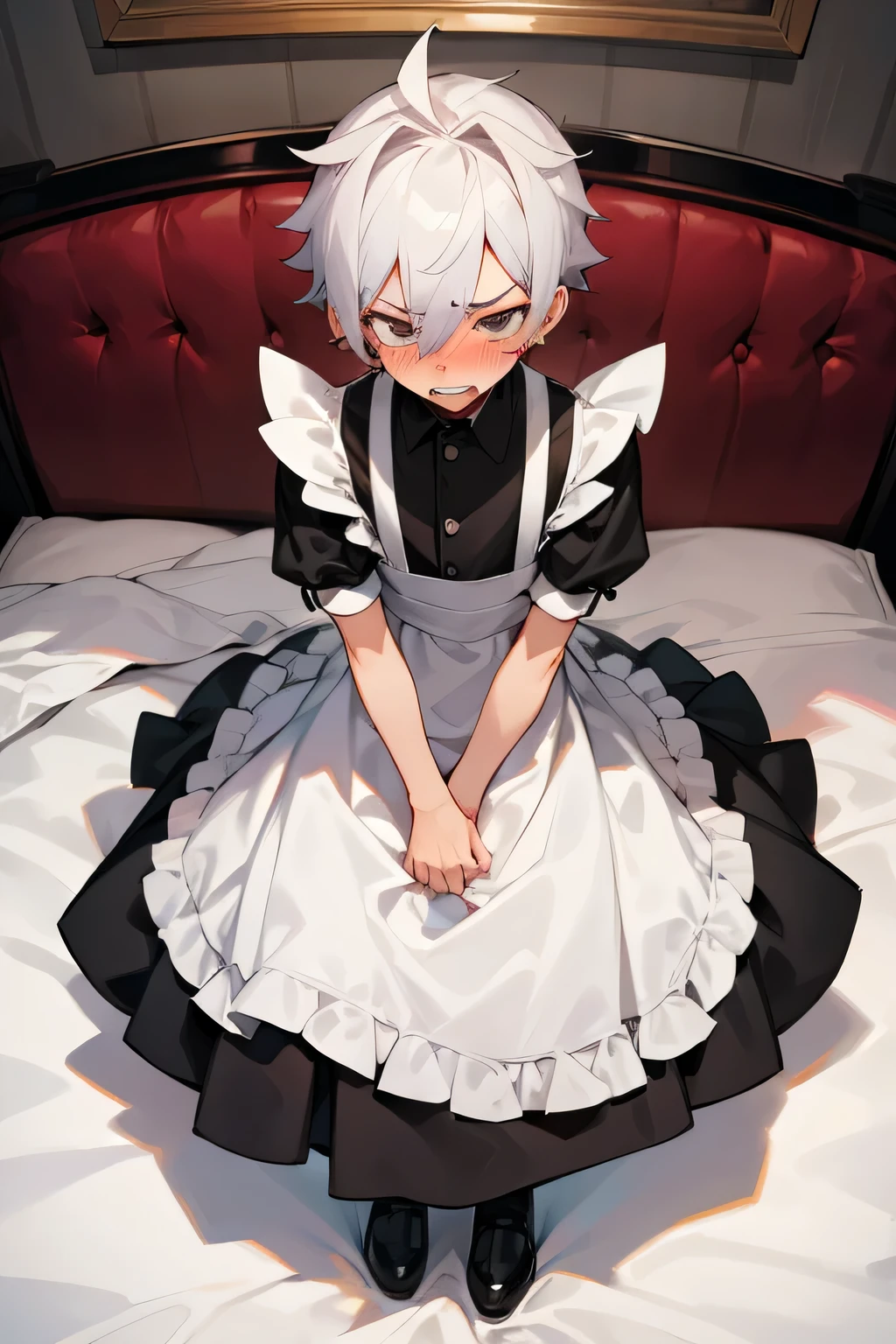 Boy with maid dress on, gritting teeth with anger, blushing, fullbody, on bed, solo
