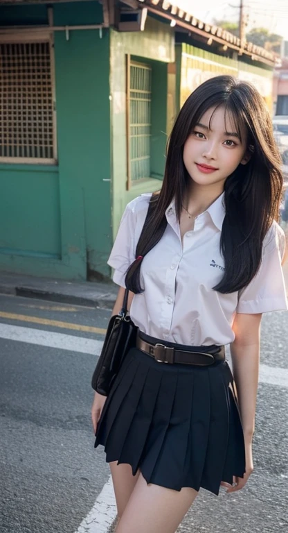 ((Lower Angle, Full body shot ))
  Best Quality, 4K, 8K, Masterpiece:1.2, Very detailed, Realistic:1.37, Portrait, 
  1 Girl, (Thai 22 yo:1.5), ((cute face:1.7), (perfect girl face:1.2)), (beautiful detailed eyes, perceptive eyes, brown eyes :1.2, Looking straight at the Viewer), (Beautifully detailed lips, Brightly smile), (detailed skin:0.9), (perfect texture long black hair :1.4), Thin, Pure and Simple, Calm expression, (Natural makeup:1.2),
  (Perfect Slender Body of a Young Girl), ((A-cup bust (A30/70) )), ((Flat Chest)), ((Small Breasts)), (Wild Hip:0.7), (Perfect Smooth Thighs), (Perfect Texture Long Black Hair :1.4), Thin, Pure and Simple, Relaxed Posture, Natural Expression, 

  A rainy morning, In a rural Thai town, 
   1 students, She wore Thai shool uniforms, ((white short-sleeved shirt, slim, collared shirt, Button up, Exposed Cleavage)), the school logo on the chest, Left side of shirt, Navy blue Pleated skirt, with women's belt,
  She head for school along a road lined with small building, (View from below:1.3), 