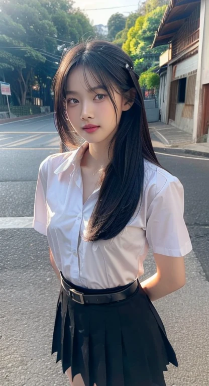 ((Lower Angle, Full body shot ))
Best Quality, 4K, 8K, Masterpiece:1.2, Very detailed, Realistic:1.37, Portrait,
1 Girl, (Thai 22 yo:1.5), ((cute face:1.7), (perfect girl face:1.2)), (beautiful detailed eyes, perceptive eyes, brown eyes :1.2, Looking straight at the Viewer), (Beautifully detailed lips, Brightly smile), (detailed skin:0.9), (perfect texture long black hair :1.4), Thin, Pure and Simple, Calm expression, (Natural makeup:1.2),
(Perfect Slender Body of a Young Girl), ((A-cup bust (A30/70) )), ((Flat Chest)), ((Small Breasts)), (Wild Hip:0.7), (Perfect Smooth Thighs), (Perfect Texture Long Black Hair :1.4), Thin, Pure and Simple, Relaxed Posture, Natural Expression,
A rainy morning, In a rural Thai town,
1 students, She wore Thai shool uniforms, ((white short-sleeved shirt, slim, collared shirt, Button up, Exposed Cleavage)), the school logo on the chest, Left side of shirt, Navy blue Pleated skirt, with women's belt,
She head for school along a road lined with small building, (View from below:1.3),