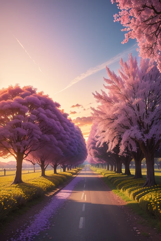 (Best Quality,8k,High resolution,masterpiece:1.2),ultra detailed,Sunset,the avenue lined with jacaranda in red bloom, the day, The beautiful yellow rapeseed flowers on the shore., The current, the breeze, The birds fly,