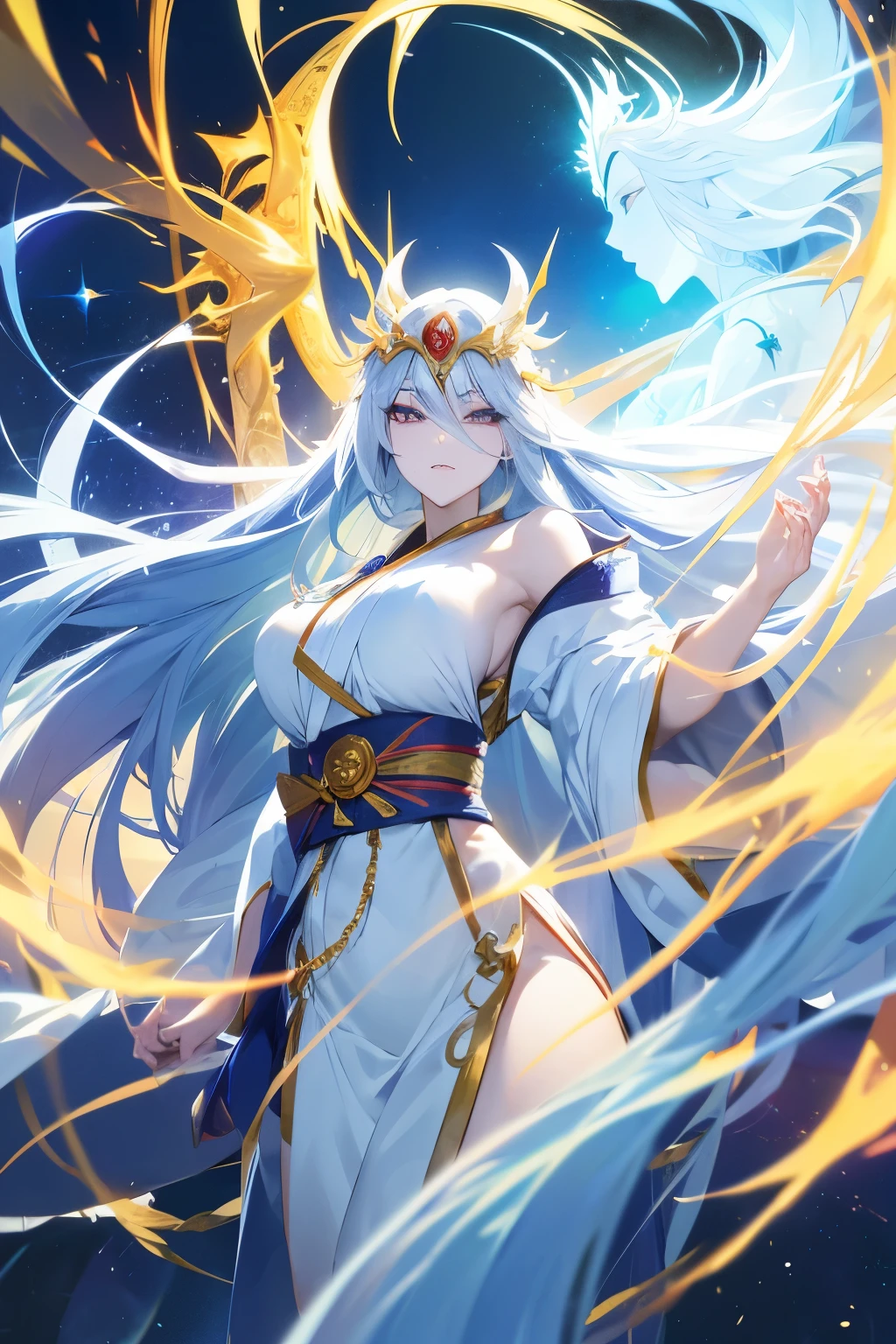 Anime woman, looks like a celestial being, majestic in appearance, having long blue hair, wears white robes with golden ornaments, similar to the goddess Amaterasu she is beautiful and majestic, beautiful and beautiful woman, divine beauty