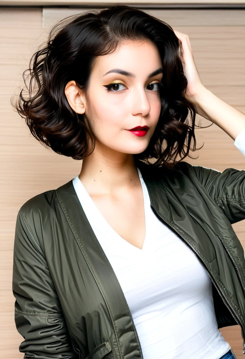 Dark wavy undercut hairstyle, pretty woman 28 yrs old, V-neck  shirt, jeans pants, eye contact, bomber jacket
