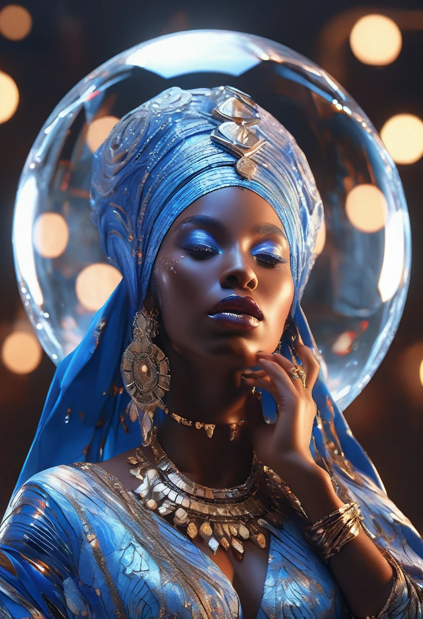 Half body shot of A blue hologram image of a crystal ball floating in the arms of a black woman dressed in african clothes, very high detailed and clear image, 32k high definition and high resolution images, unreal engine 5 rendered. Hyper-realistic images with high detailed features providing a viewer with a clear high definition well created masterpiece of art..