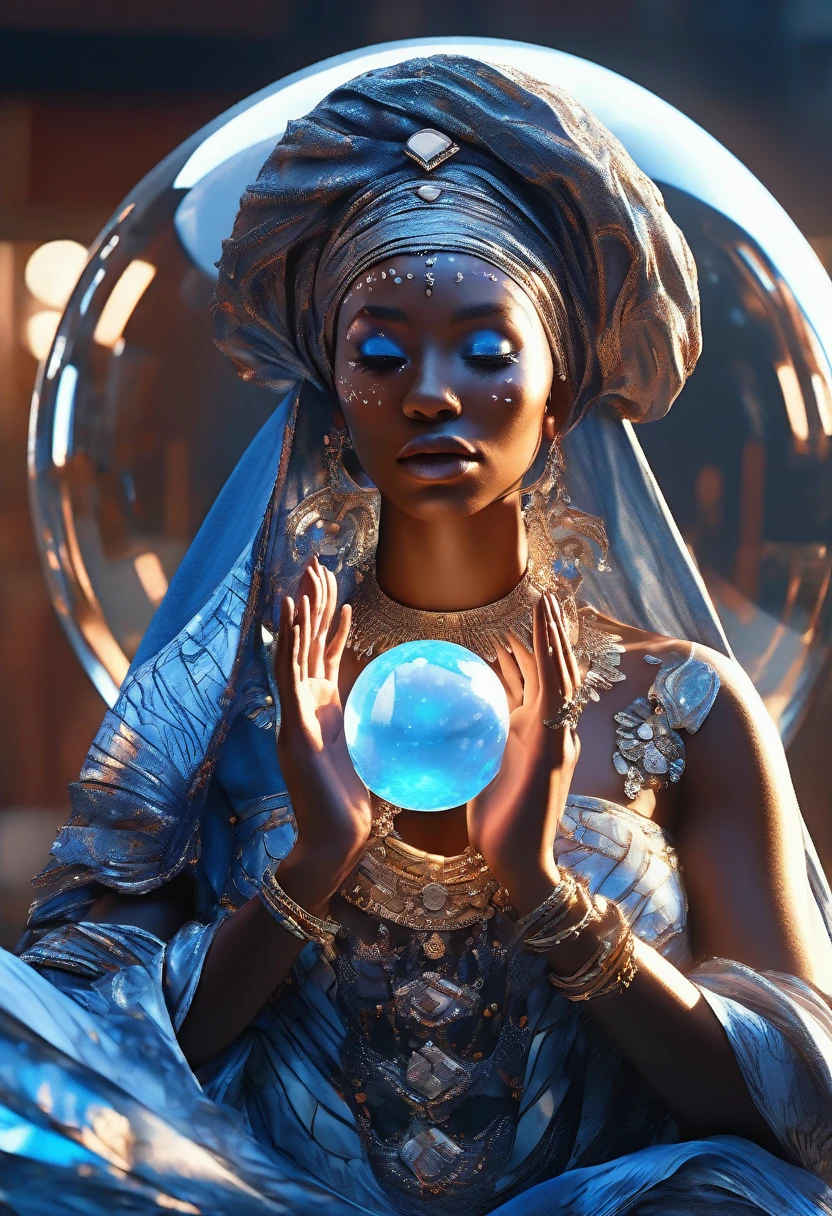 Half body shot of A blue hologram image of a crystal ball floating in the arms of a black woman dressed in african clothes, very high detailed and clear image, 32k high definition and high resolution images, unreal engine 5 rendered. Hyper-realistic images with high detailed features providing a viewer with a clear high definition well created masterpiece of art..