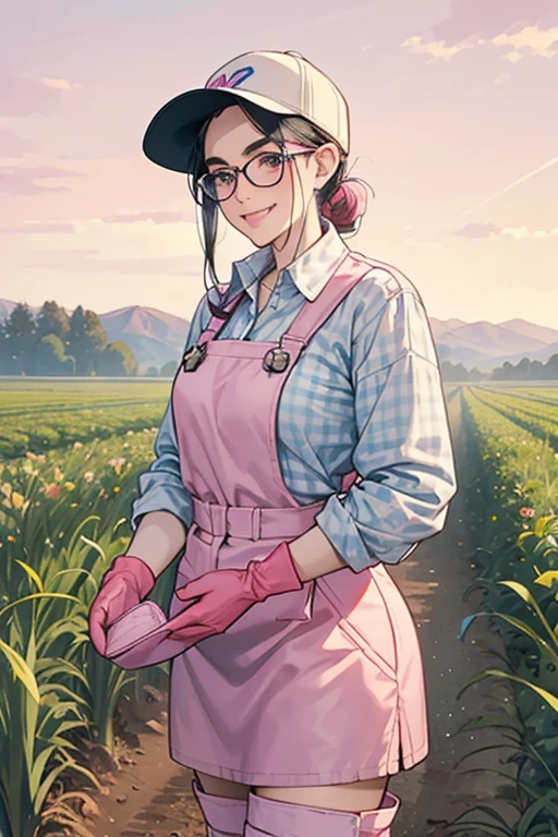 A freckled, glasses-wearing mature woman with black hair tied up, wearing a white long-sleeved flannel shirt, blue jeans, a baseball cap, and large pink rubber gloves and white rubber boots, working in the fields in winter while smiling　Thick eyebrows　Long pink rubber gloves