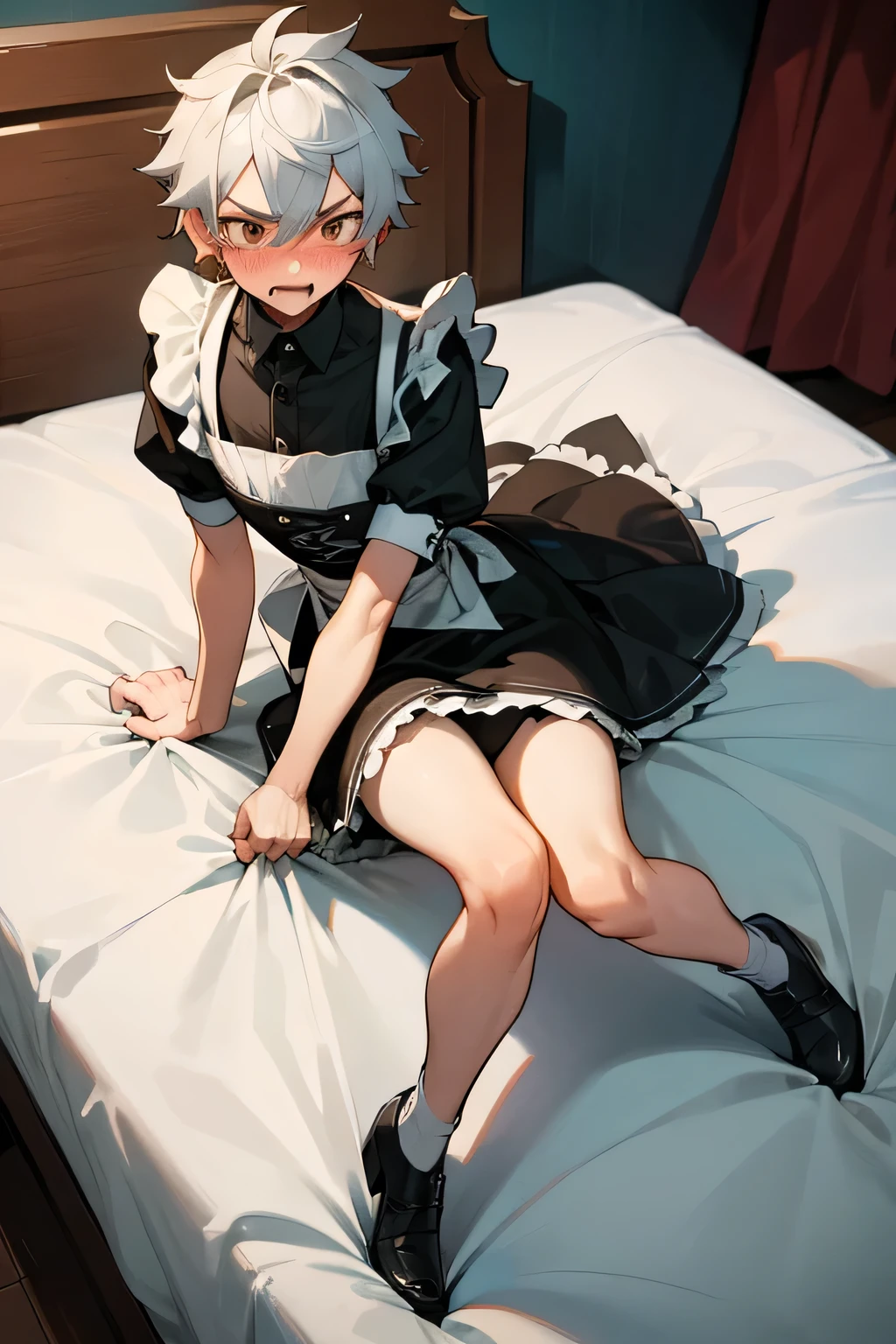 Boy with maid dress on, gritting teeth with anger, blushing, fullbody, on bed, solo