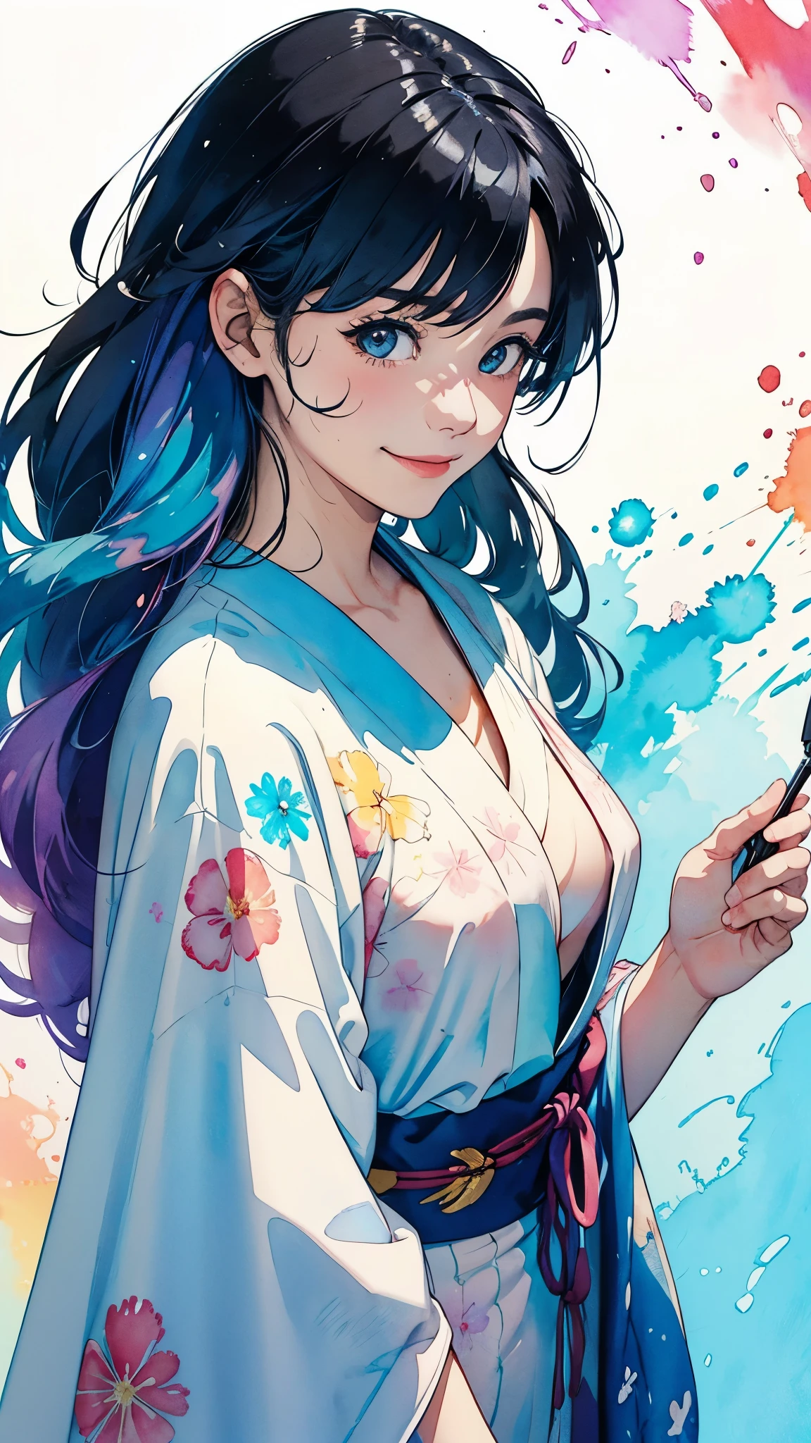 Splatter backgrounds and spray paint effects by Adam Hughes、yukata、Center of upper body、Multi-coloured hair、Close ~ eyes、Big happy smile、watercolor画、watercolor、watercolorスタイル、watercolorの詳細なアート、watercolorデジタル画、watercolor絵の具、非常に詳細なwatercolor画、watercolor、Japanese women、18-year-old、Long Hair、Summer festival、Dynamic pose。