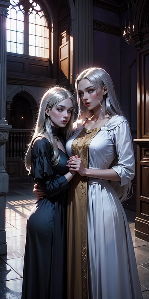 Triplets, rare, time maiden, baggy gown, beautiful girls, long silver hair, Violet eyes, dark skin, town, mansion