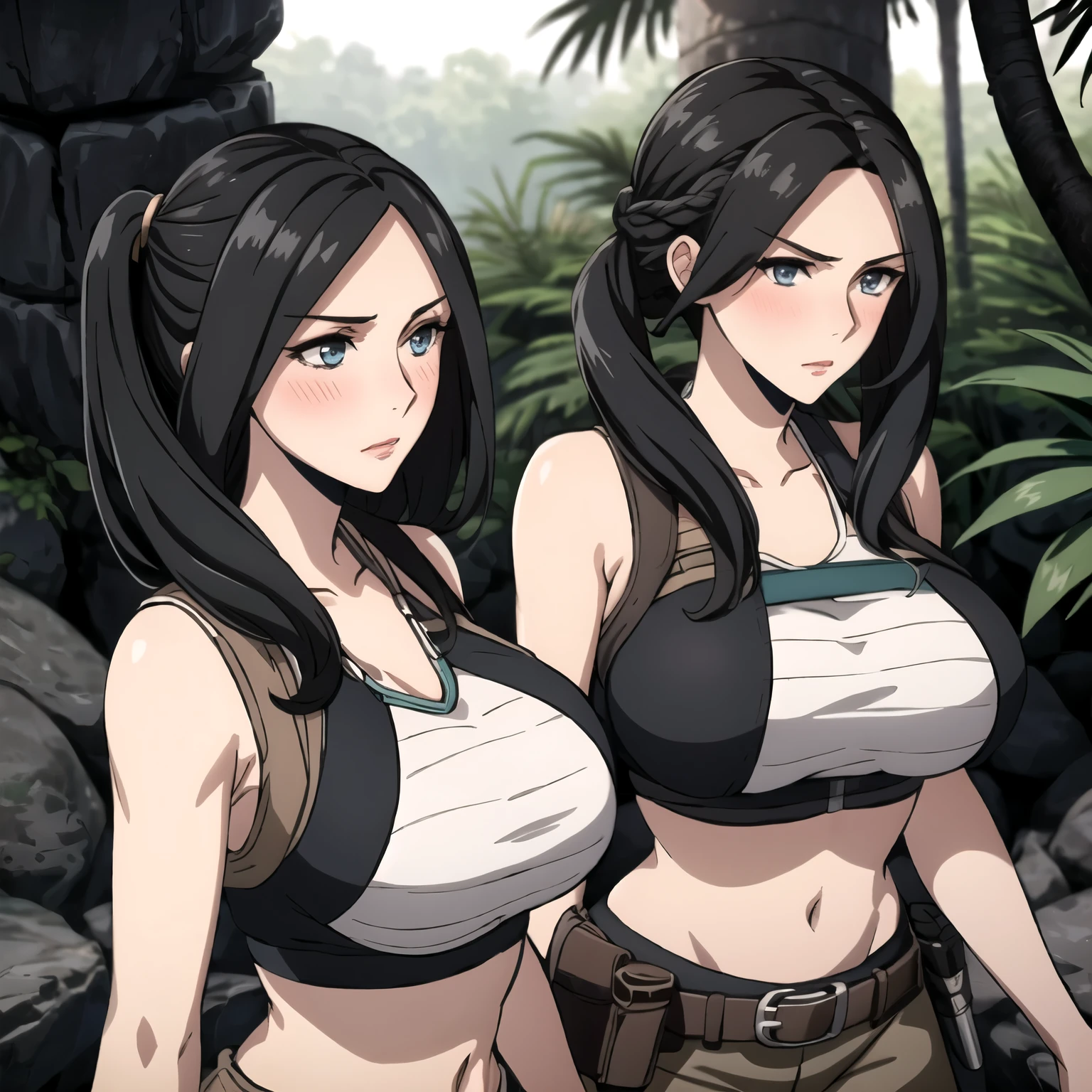 one day. 30 year old woman. black hair thick pigtails, strands of hair between his eyes. light blue eyes, big breasts,  serious expression, blush, Pale skin, big breasts, lara croft costume, Lara Croft cosplay background a temple in the jungle. neckline.