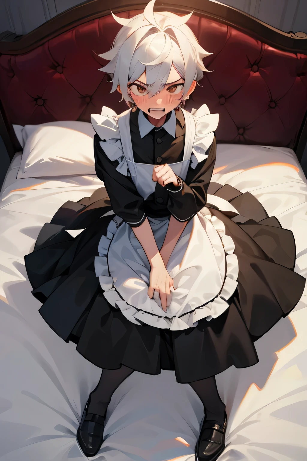 Boy with maid dress on, gritting teeth with anger, blushing, fullbody, on bed, solo
