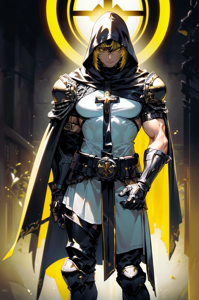 (masterpiece; best quality: 1.2), ((1 man)), ((solo)), (yellow eyes: 1.4), (body; toned, lean, masculine: 1.3), (beautiful and clear background: 1.2), ((depth of field)), (equipment: templar + surcoat with cross + chainmail shirt + closed helmet + leather gloves + greaves + black cloak : 1.3), (anime illustration: 1.2), (background composition; garden + plants: 1.1), (extremely fine and handsome: 1.1), (shot composition; standing + centered on torso + close-up: 1.5)