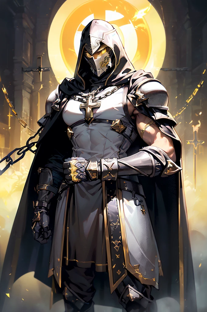 (masterpiece; best quality: 1.2), ((1 man)), ((solo)), (yellow eyes: 1.4), (body; toned, lean, masculine: 1.3), (beautiful and clear background: 1.2), ((depth of field)), (equipment: templar + surcoat with cross + chainmail shirt + closed helmet + leather gloves + greaves + black cloak : 1.3), (anime illustration: 1.2), (background composition; garden + plants: 1.1), (extremely fine and handsome: 1.1), (shot composition; standing + centered on torso + close-up: 1.5)