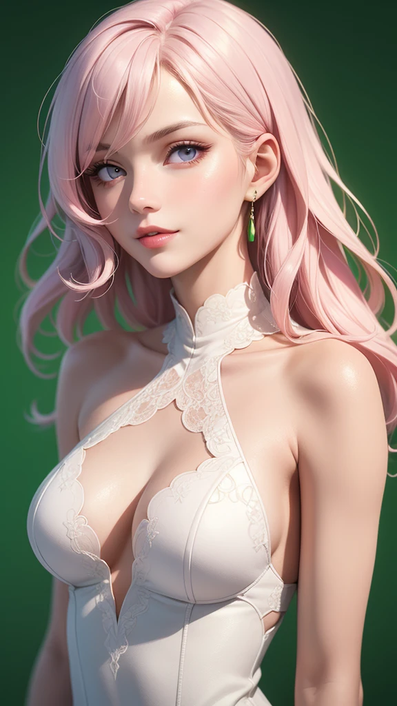 (masterpiece, best quality), intricate details, thin, ((slim)), beautiful girl, Light pink hair, white skin, light purple eyes, sharp jawline, Looking forward in serious, Dress  , messy hair, lips, upper body, smirk, Green background