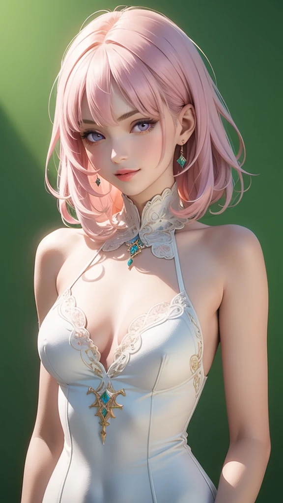 (masterpiece, best quality), intricate details, thin, ((slim)), beautiful girl, Light pink hair, white skin, light purple eyes, sharp jawline, Looking forward in serious, Dress , messy hair, lips, upper body, smirk, Green background