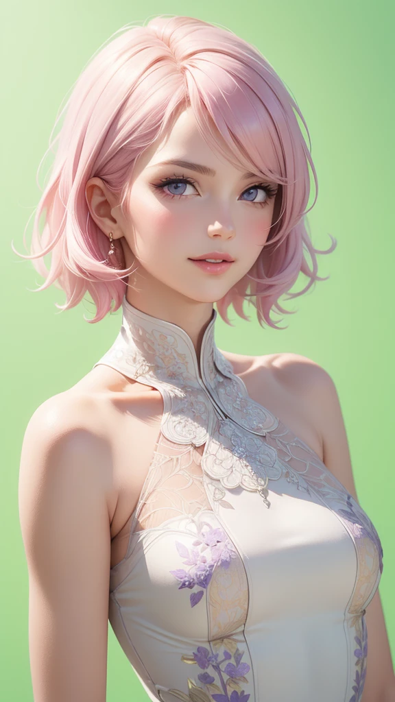 (masterpiece, best quality), intricate details, thin, ((slim)), beautiful girl, Light pink hair, white skin, light purple eyes, sharp jawline, Looking forward in serious, Dress , messy hair, lips, upper body, smirk, Green background