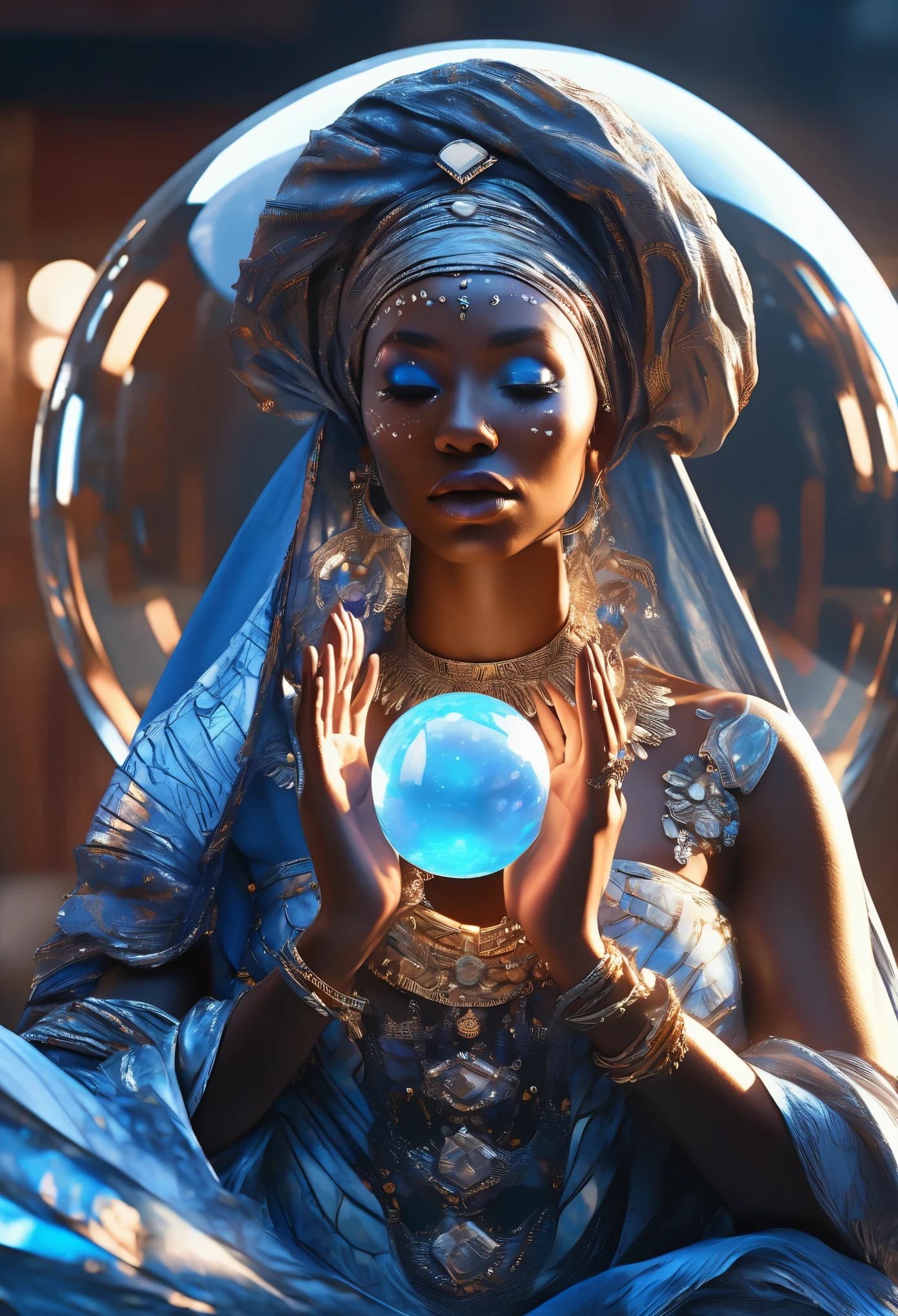 Half body shot of A blue hologram image of a crystal ball floating in the arms of a black woman dressed in african clothes, very high detailed and clear image, 32k high definition and high resolution images, unreal engine 5 rendered. Hyper-realistic images with high detailed features providing a viewer with a clear high definition well created masterpiece of art..