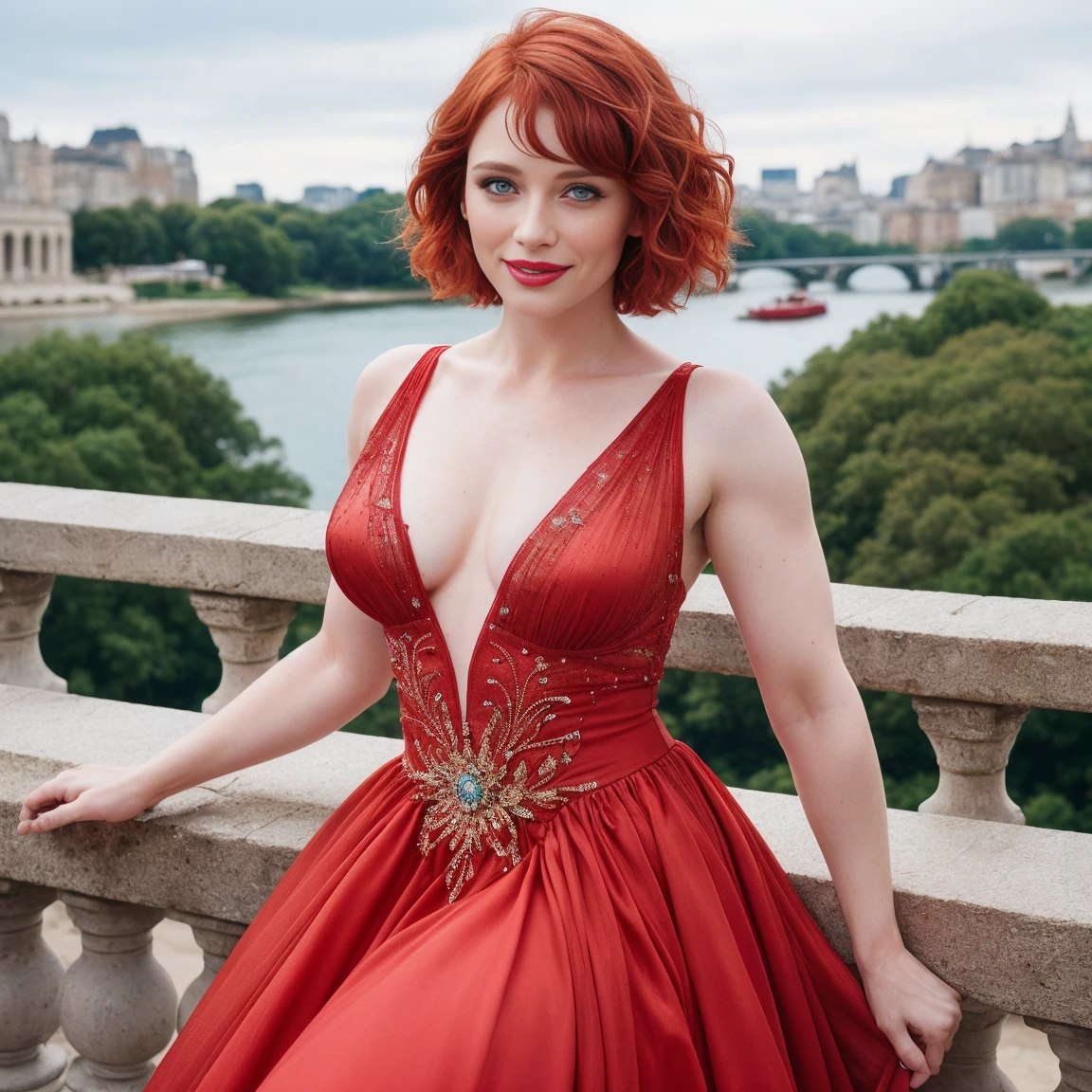 Masterpiece, (Bryce Dallas Howard: 0.5), shy, cute, playful smile, high detail face, high detail skin, fashion red dress, (high detail eyes:1.3), short hair, red hair, (small breasts:1.2), (strong athletic body), city park background, (UHD, 8K wallpaper, High resolution), Cinematic lighting, award-winning, extremely white detailed skin, extra detailed face, high detail eyes, photo-realistic, Zeiss 85 mm F/1.4, by Ellen von Unwerth