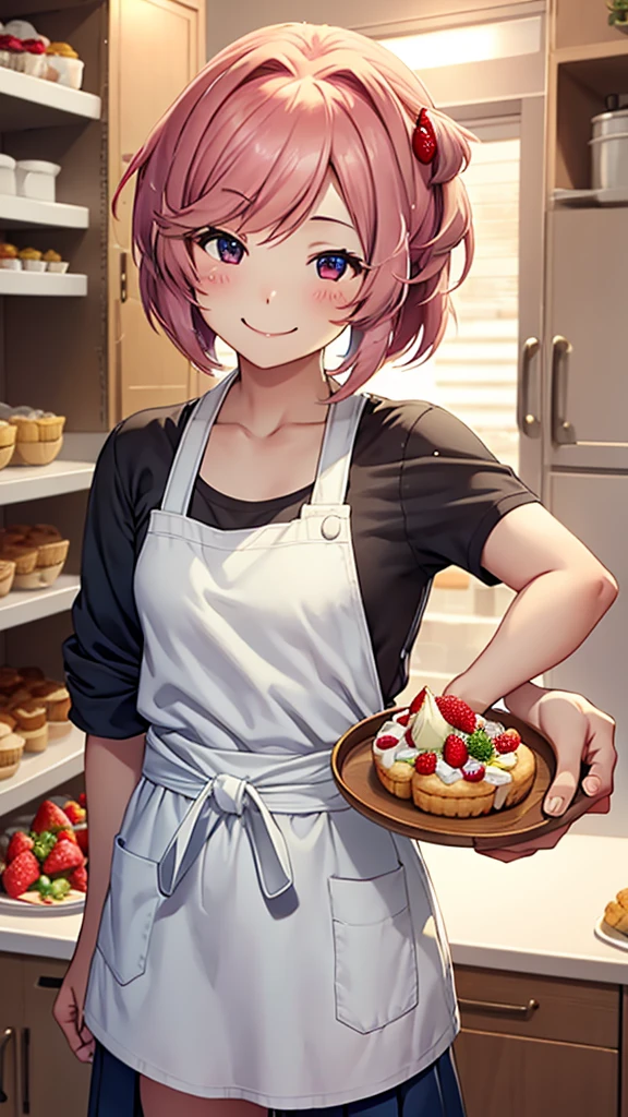 Natsuki holding a freshly baked vanilla cake, with a smile of satisfaction and pride on his face. The cake is decorated with a thin layer of white icing and some strawberries on top, highlighting its tempting appearance. The girl has an apron around her waist and a pastry palette in her hand.